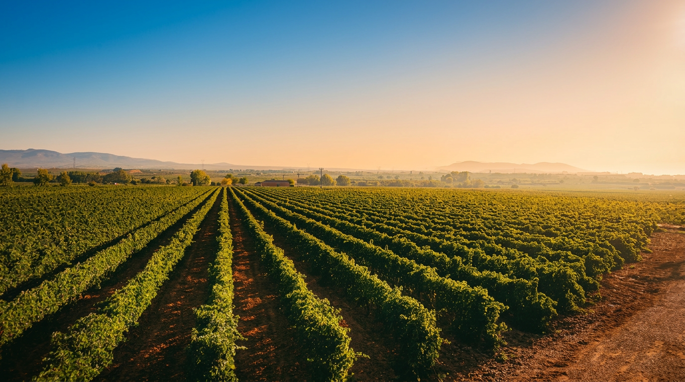 Viñedo ecológico de Bodegas Vegalfaro en Requena al atardecer