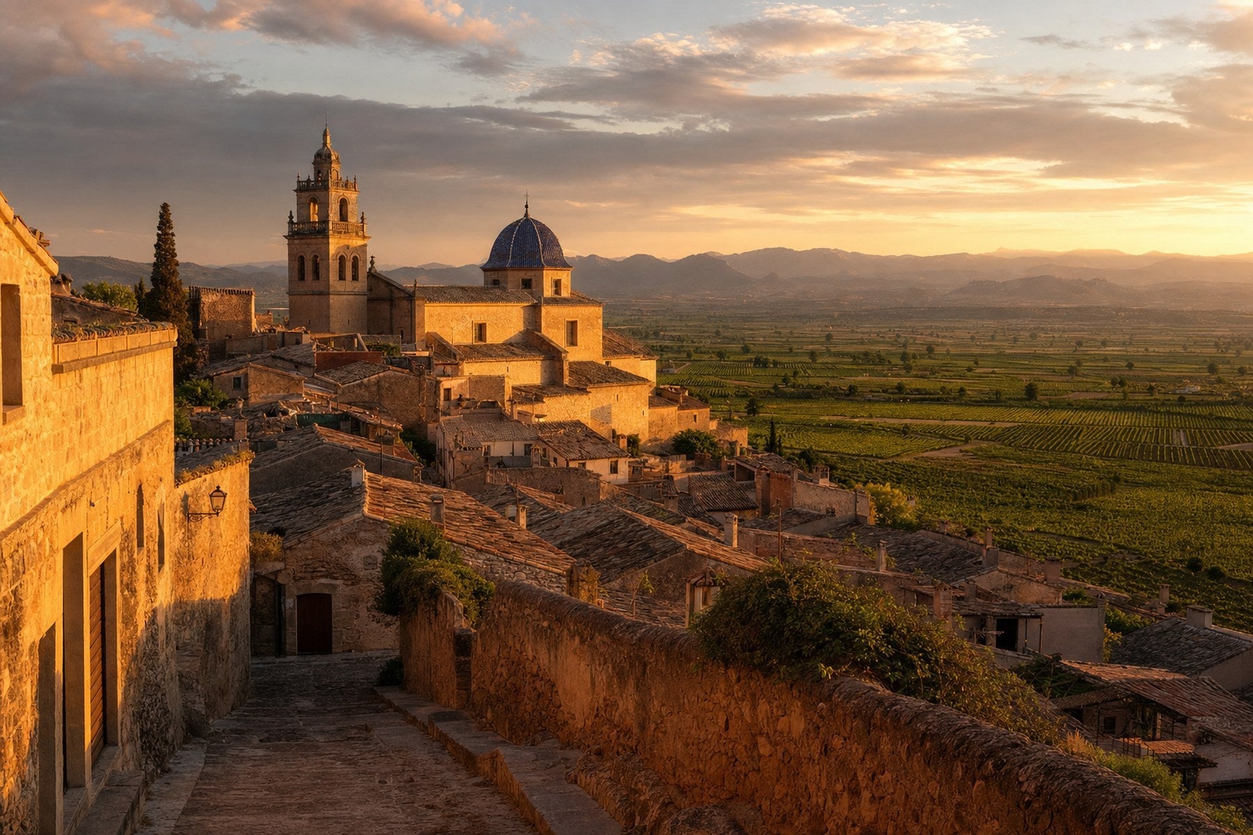 Casco antiguo de piedra con campanario y cúpula de teja azul al atardecer, sobre una llanura de viñedos en la comarca de Utiel-Requena
