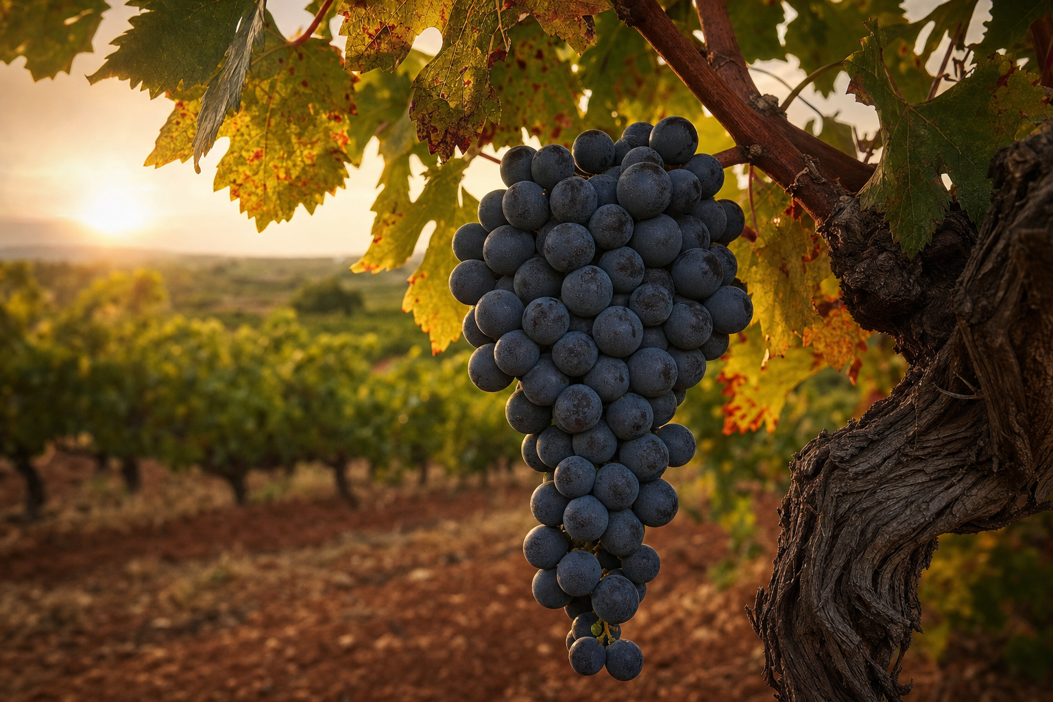 Racimo de uva Bobal en viñedo ecológico de Utiel-Requena al atardecer, Bodegas Vegalfaro