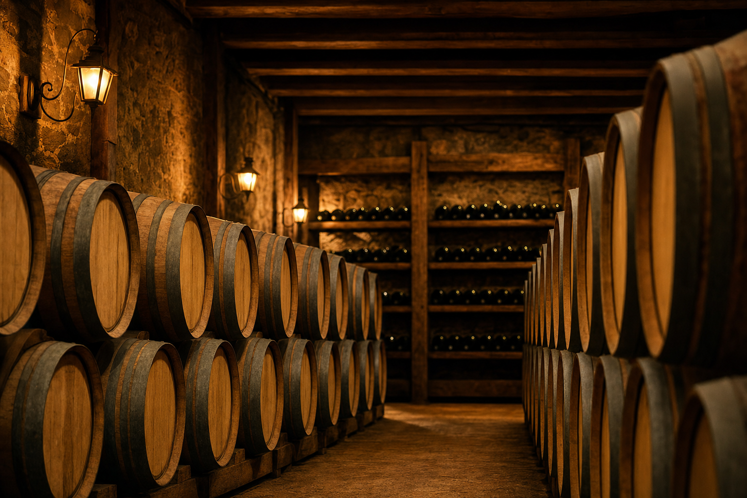 Interior de bodega tradicional de crianza con barricas de roble en penumbra cálida - Bodegas Vegalfaro Requena
