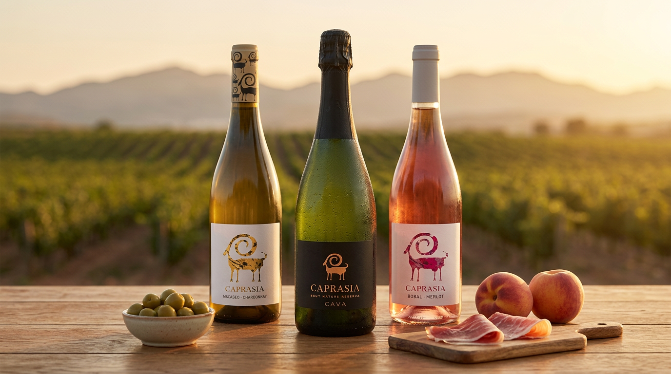 Pack Verano de Bodegas Vegalfaro al atardecer en Requena: Caprasia Blanco Macabeo-Chardonnay, Caprasia Cava Brut Nature Reserva y Caprasia Rosado Bobal-Merlot, con aceitunas, jamón y melocotones sobre mesa de madera